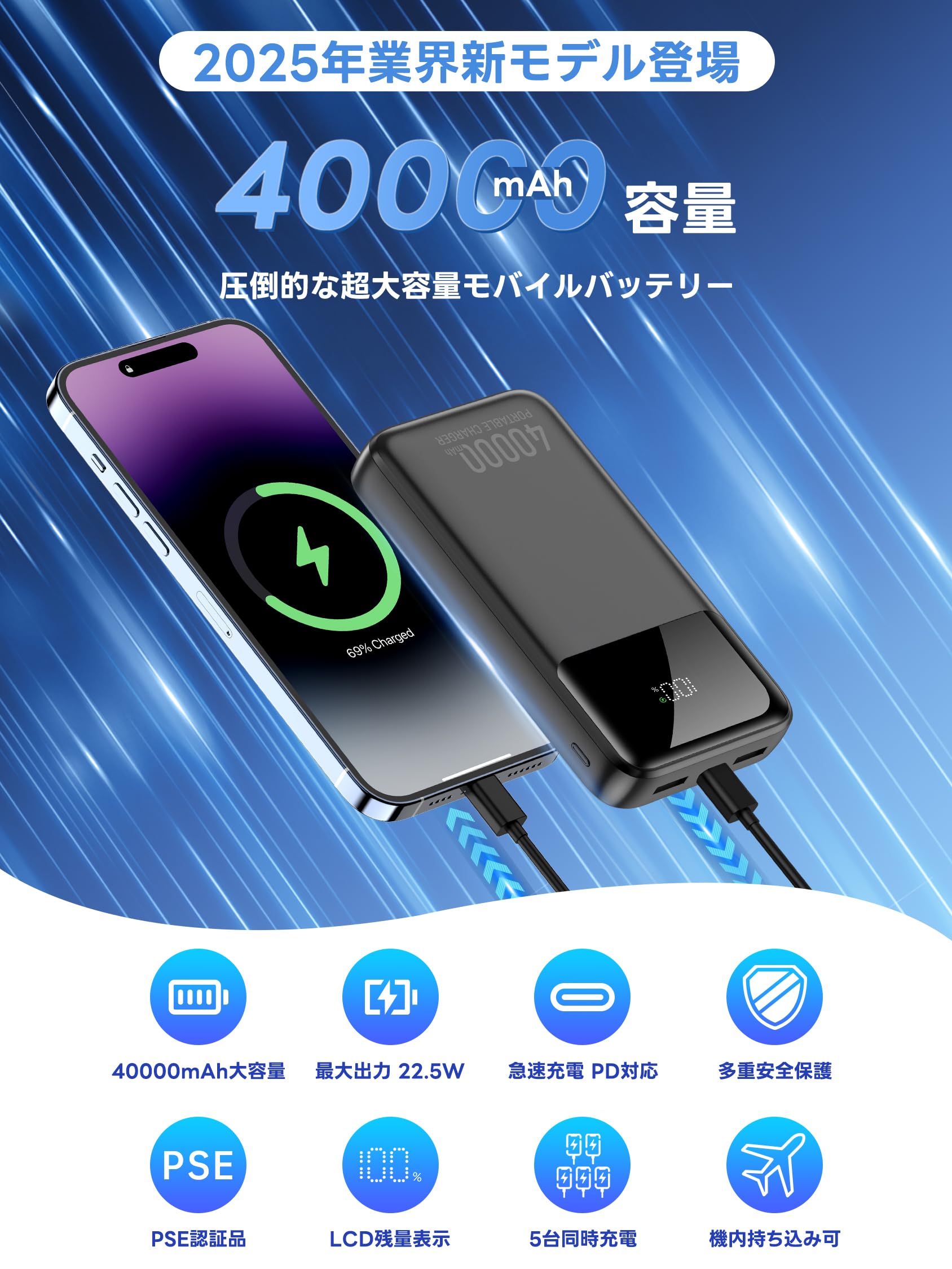 Amazon | モバイルバッテリー 大容量【40000mAh・5台同時充電・22.5W